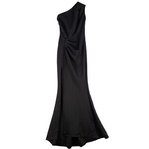 Adyce Black Formal One Shoulder Satin Dress Gown High Front Slit XS Prom
